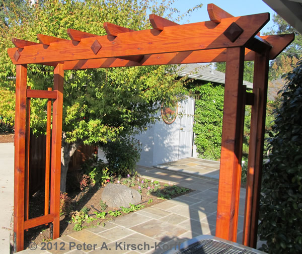 Custom Redwood Garden Enclosure with Arbor Separates Garden From Driveway and Garage Area - Pasadena, Arcadia, Monrovia, CA 