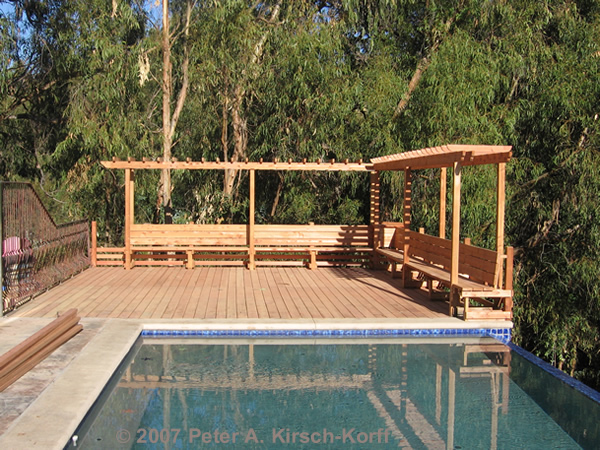 Malibu Craftsman Wood Poolside Deck with Redwood Arbor and Bench - Malibu, CA