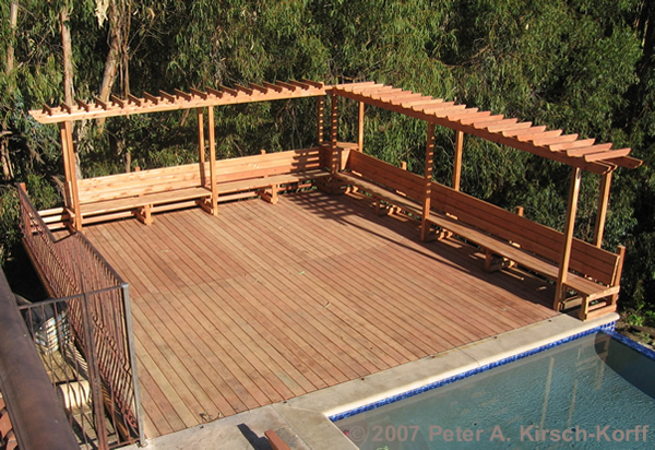 Craftsman Wood Poolside Deck (top view) with Redwood arbor and builtin benches - Malibu, CA