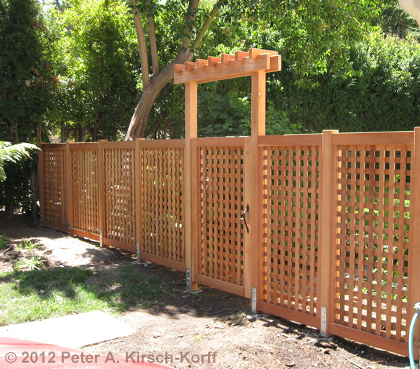 Redwood Contemporary Lattice Fence with Access Gate and Arbor Accent - Encino, CA
